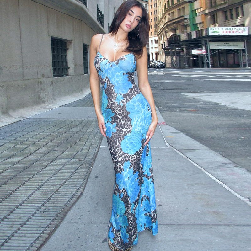 Women’s Polyester Fiber Slim Fit Printed Design with Suspender Dress