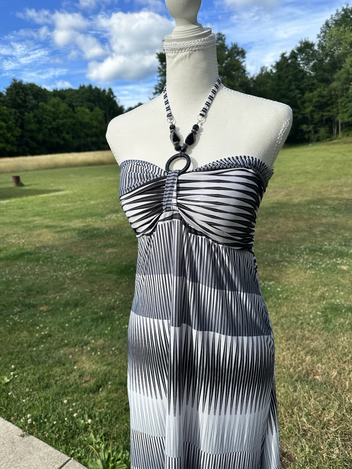 Black/White/Gray Striped Halter Ring Stretch Maxi Dress S