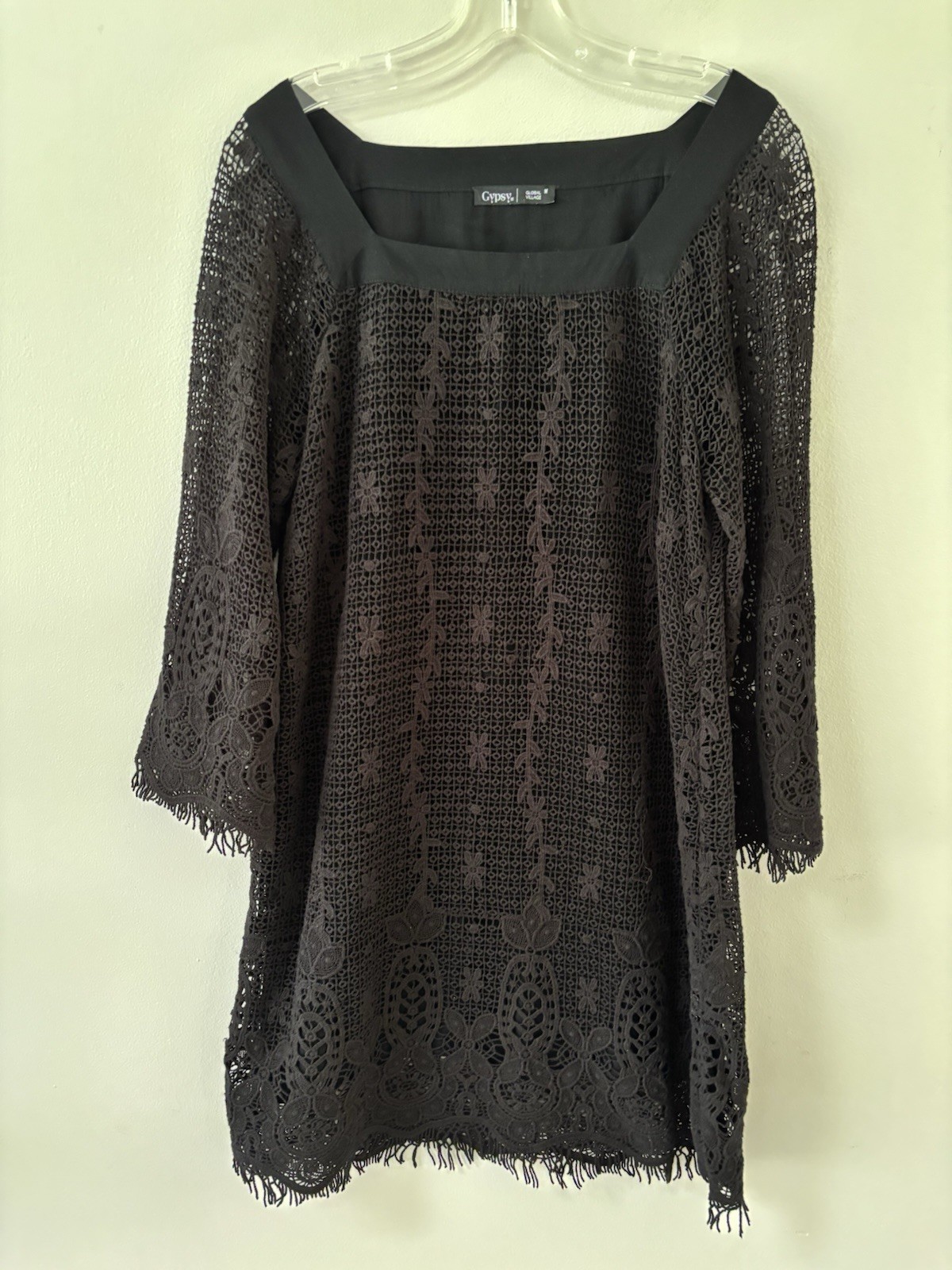 Gypsy 05 Global Village Total Crochet Dress M Fringe Boho Hippie Festival Party