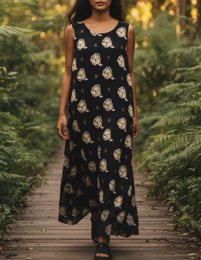 Harari Vintage 100% Silk Monkey & Dragonfly Semi Sheer Black Maxi Slip Dress OS