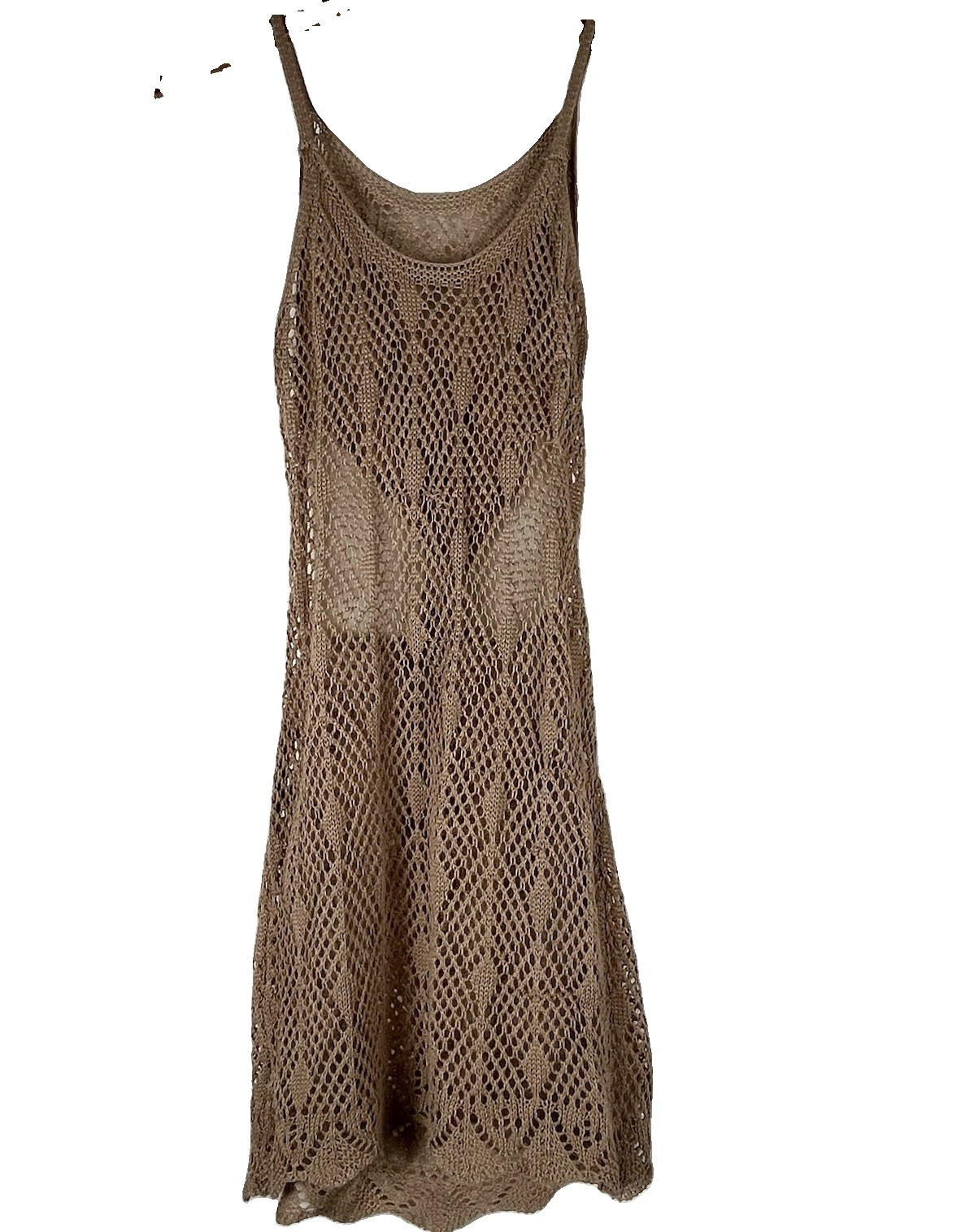 Women’s Crochet Knit Beach Cover Up Dress Tan Open Knit Sleeveless Size M