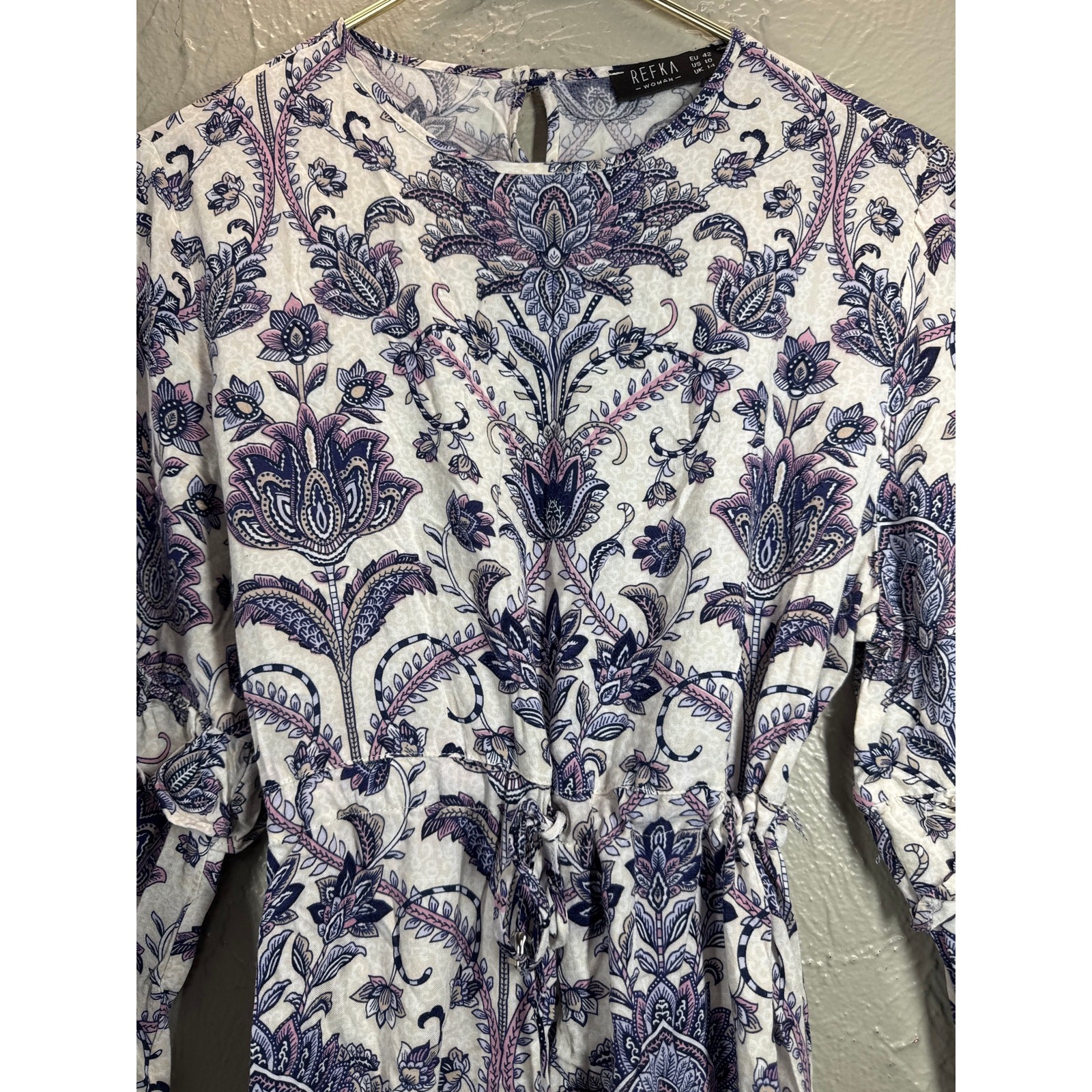 Refka Womens Long Sleeve Maxi Dress Ruffle Paisley Flower Drawstring Waist Sz 10