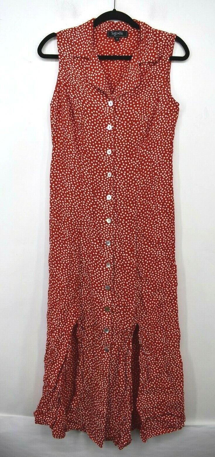 Twyla & Blu Women Polka Dot Sleeveless Notch Button Front Slit Shirt Dress M