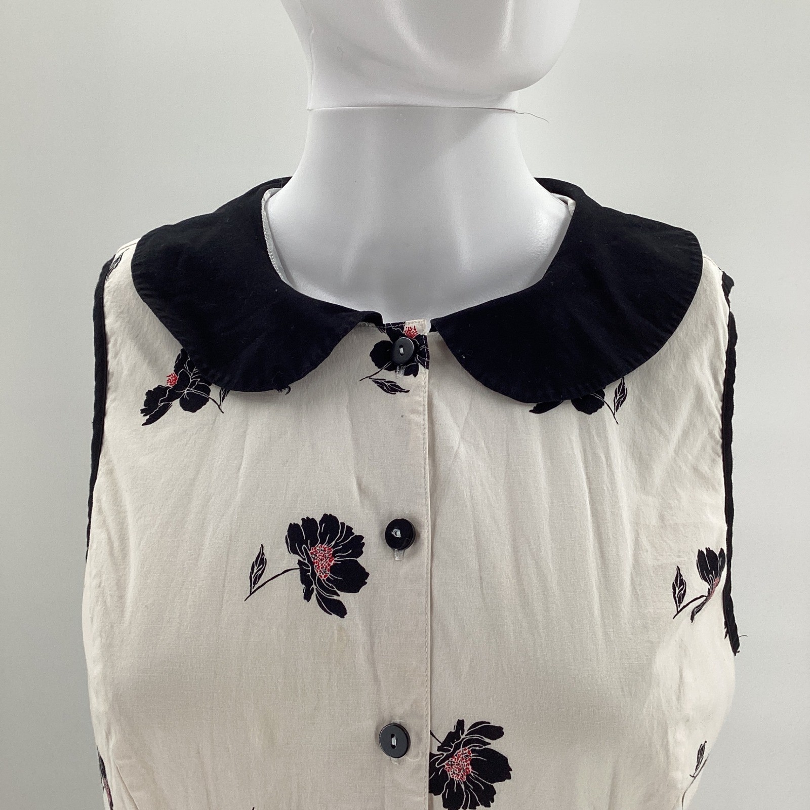Womens Floral Peter Pan Collar Button Front Midi Dress Cream Black Retro FLAW
