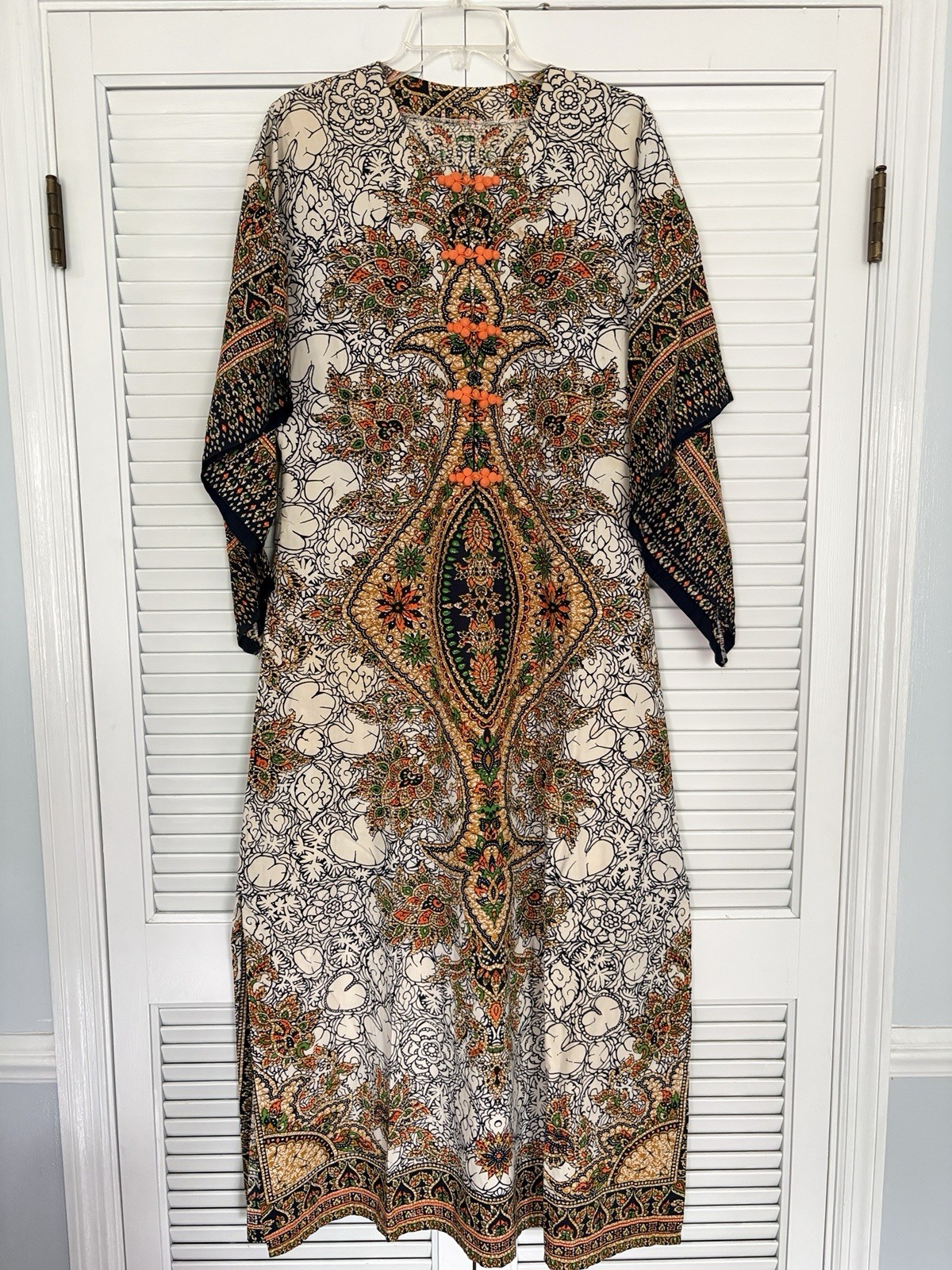 Women Multicolor Floral Kaftan Dress Round Neck 3/4 Sleeve Button M