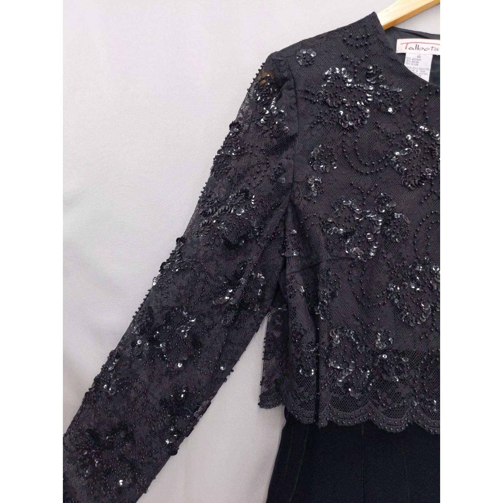 Talbots Sheath Dress Women 10 Black Sequin Beaded Lace Velvet Long Sleeve Formal