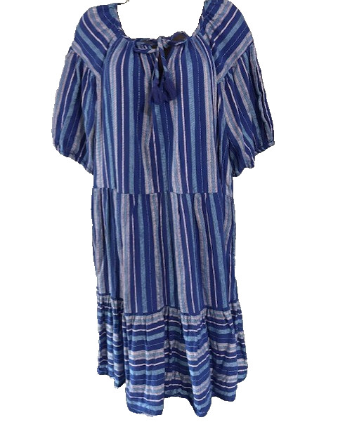 Wonderly Dress 1X Blue White Striped Dress Tiered Boho Puff Tassel Tie Coastal