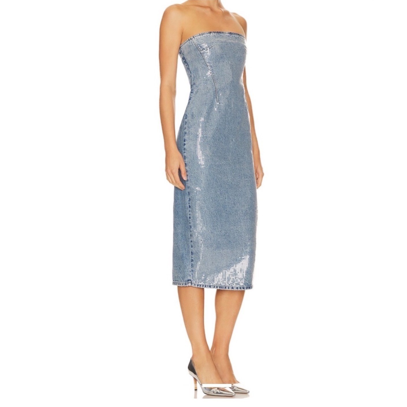 GRLFRND Sequin Strapless Denim Midi Dress Light Wash Blue GF4576-S24 Size Medium