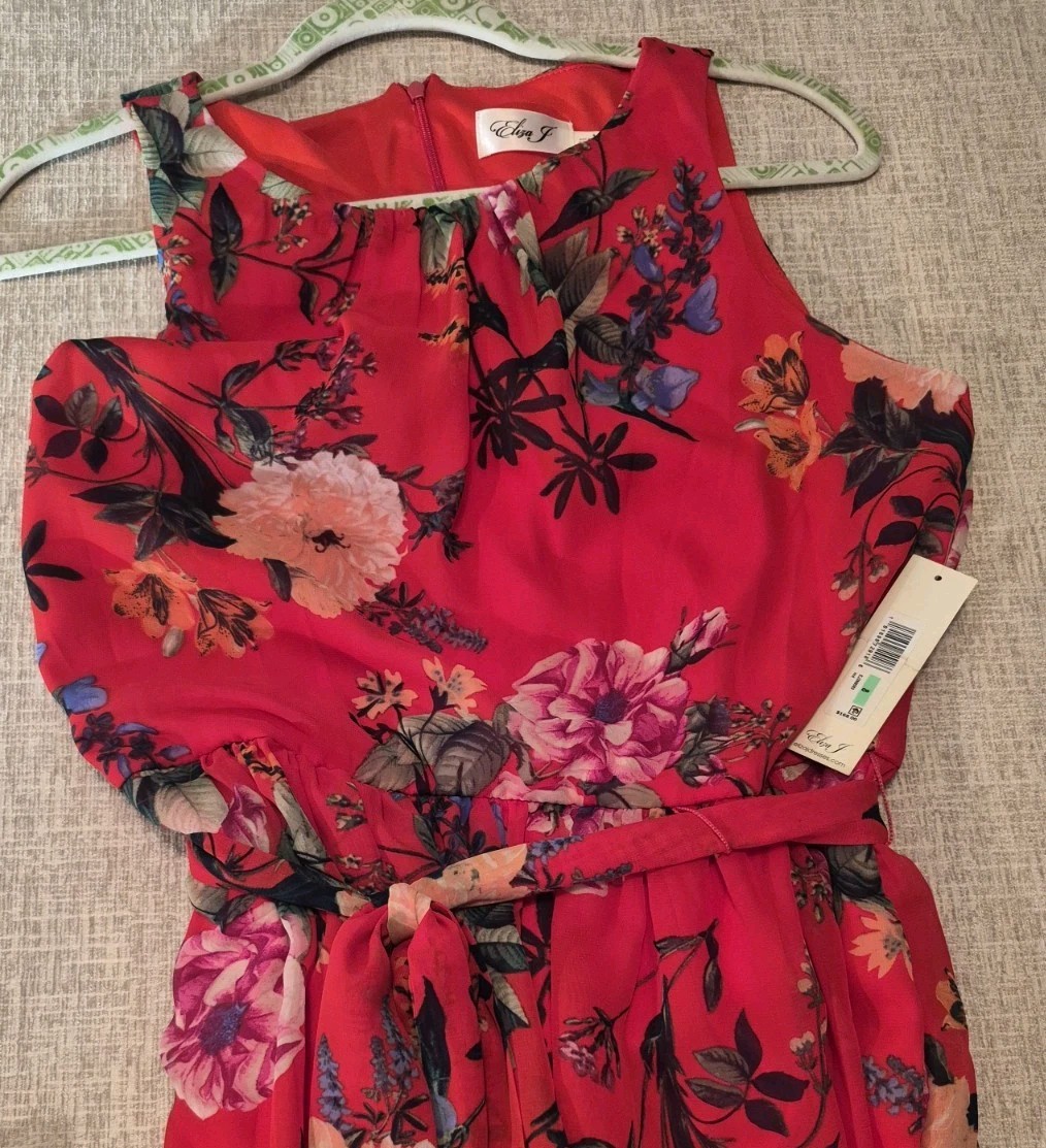 Romantic Red Botanical Floral Maxi Dress Chiffon Summer Wedding Guest Sz 8 NWT