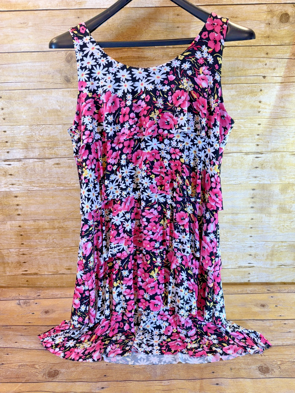 Elementz Tiered Ruffled Layered Floral Dress Womens PXL Black Pink White 💗EUC💗