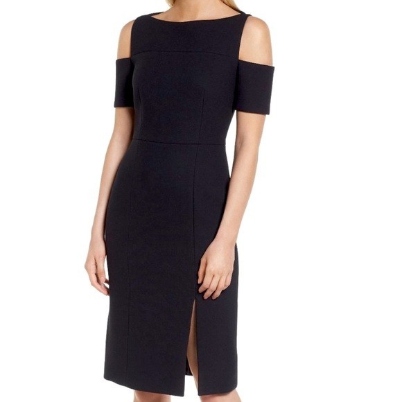 BOSS HUGO BOSS $595 Denaka Cold Shoulder Solid Black Sheath Dress Size US 2