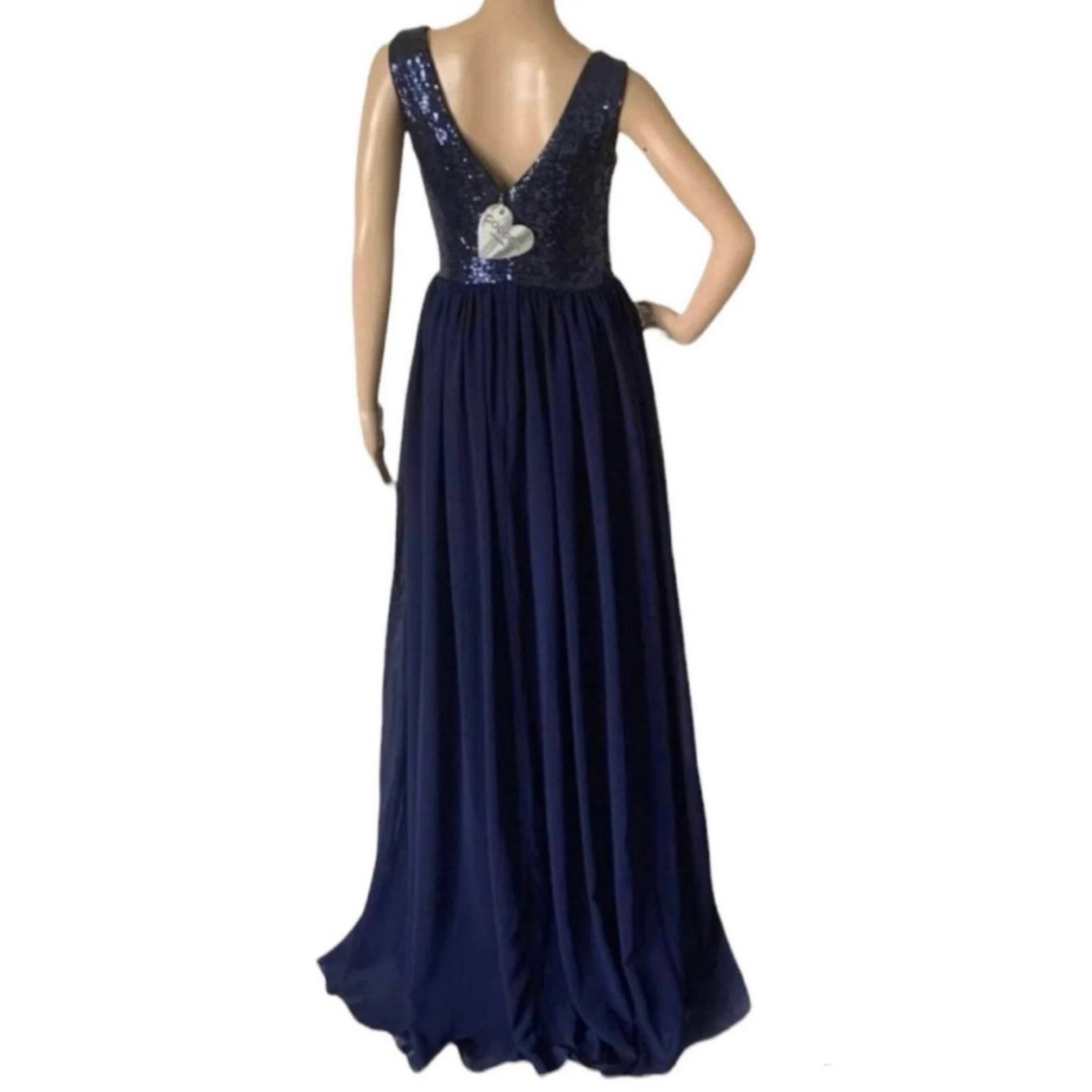 Goddiva Navy Sequin & Chiffon Formal Maxi Elegant Dress V Neck Evening Gown Sz4