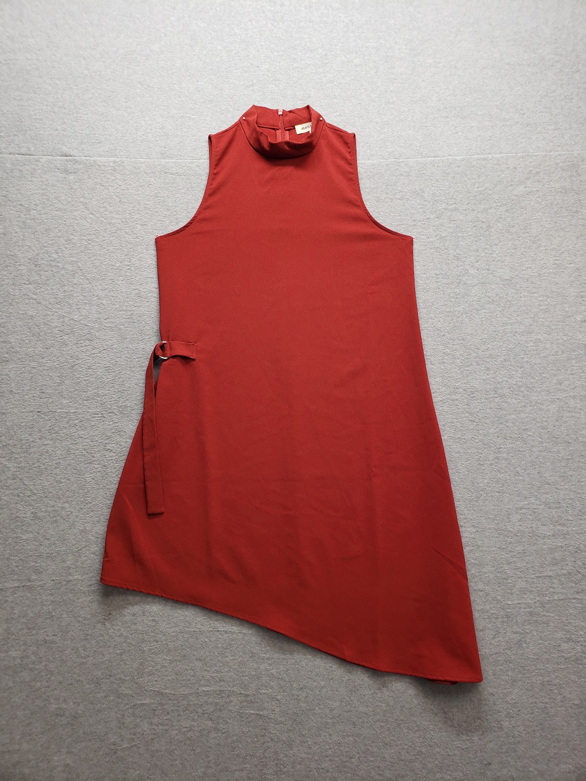 Monteau Women Dress S Red Sleeveless Back Zip Asymmetric Hem Side Tie Mock Neck