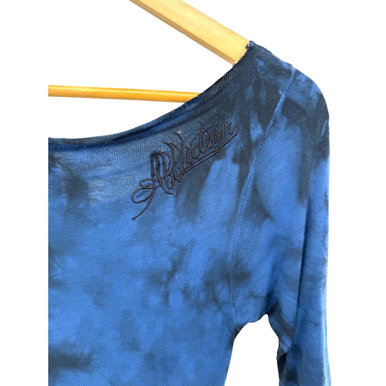 Affliction Blue Black Tie Dye Ruched Drawstring Asymmetrical Tee Dress M