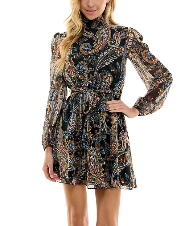 City Studios Juniors’ Paisley-Print Fit & Flare Dress, Black Combo, SIZE-XS