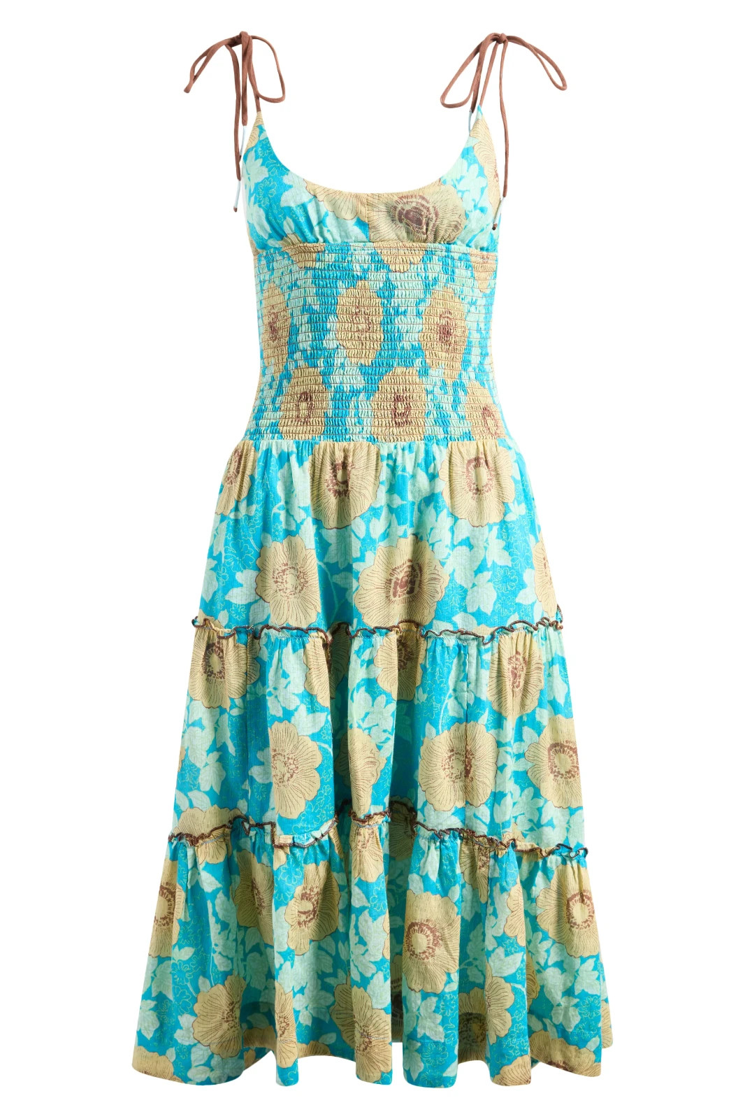 NEW, FREE PEOPLE Adriel Tie Strap Tiered Midi Dress in Ocean Combo Sz L #MD1945