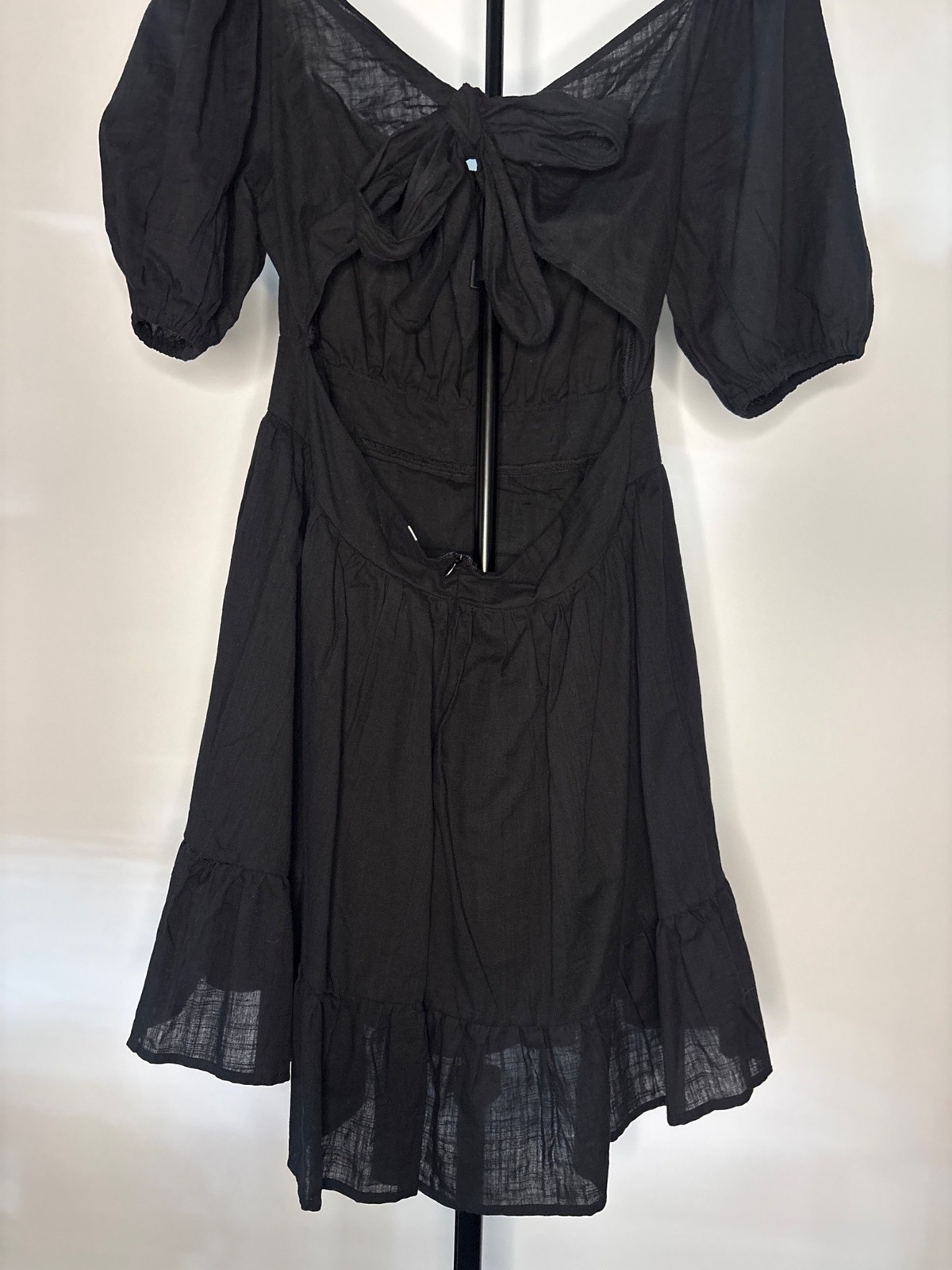 SHEIN Midi Black Backless Cut Out Puff Sleeve Tie Back Smocked Waist Ruffled Hem