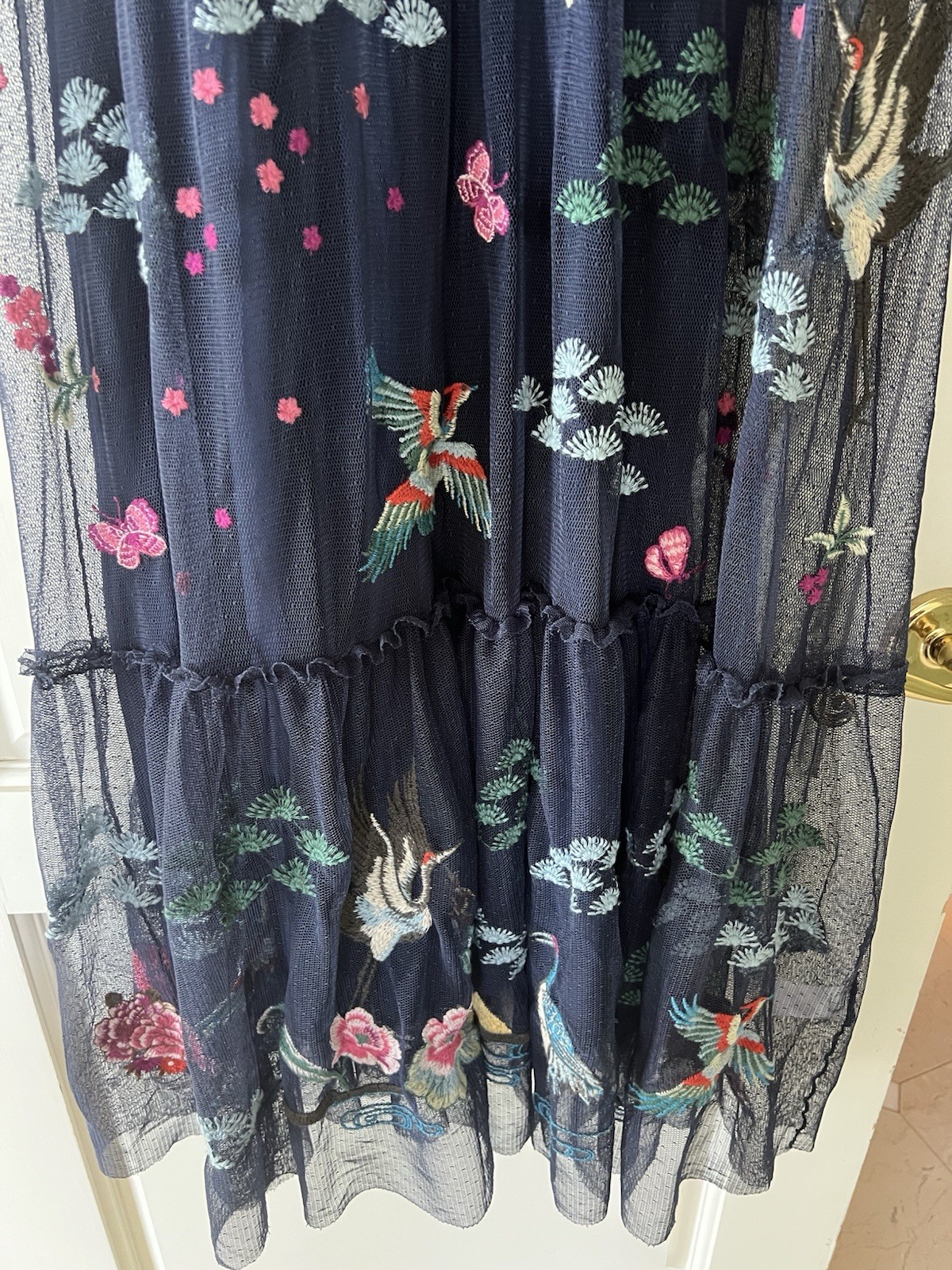 NWT $425 Johnny Was blue nights Zinoviah Mesh Dress & Slip embroidered floral S