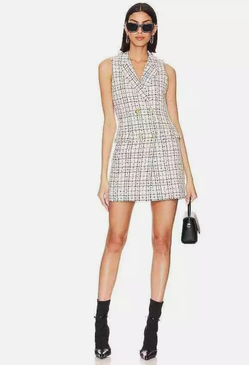 alice + olivia Jordy Double Breasted Tuxedo Dress – Tweed Plaid Blazer