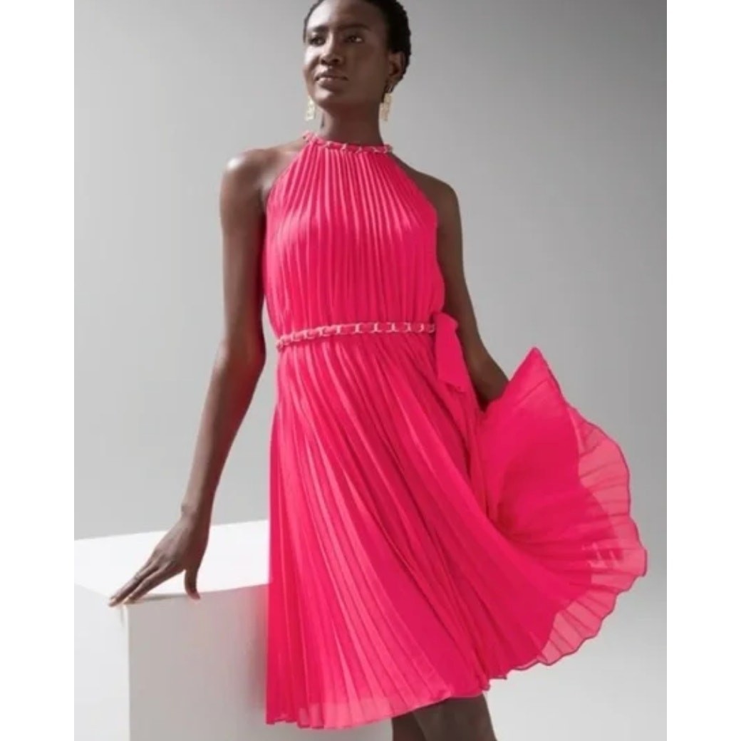 White House Black market hot pink pleated dress with gold metal womens size L