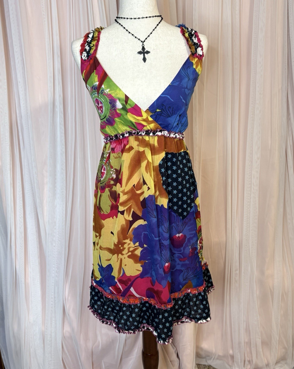 Desigual Multicolor Floral V-Neck Sleeveless A-Line Knee Dress Lined Ruffle S