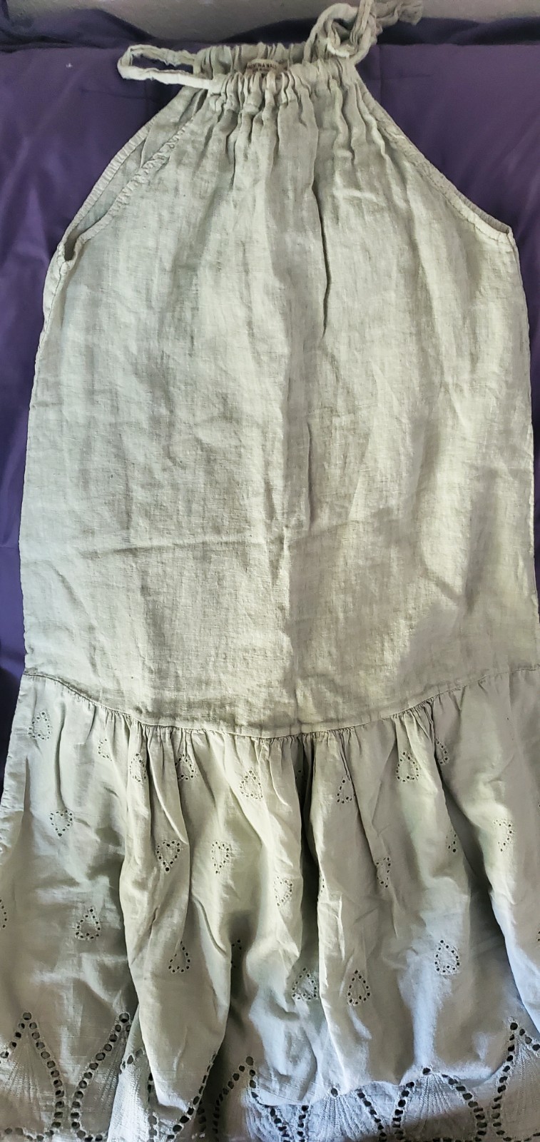 Valentina Naldi Made in Italy 100% Linen Eyelet Tie Shoulder Midi Dress M