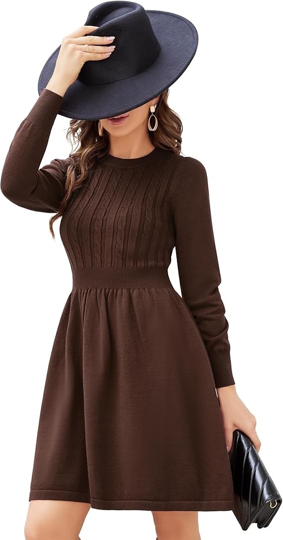 Women Long Sleeve Knitted Crewneck High Waist A-Line Cute Mini Sweater Dress