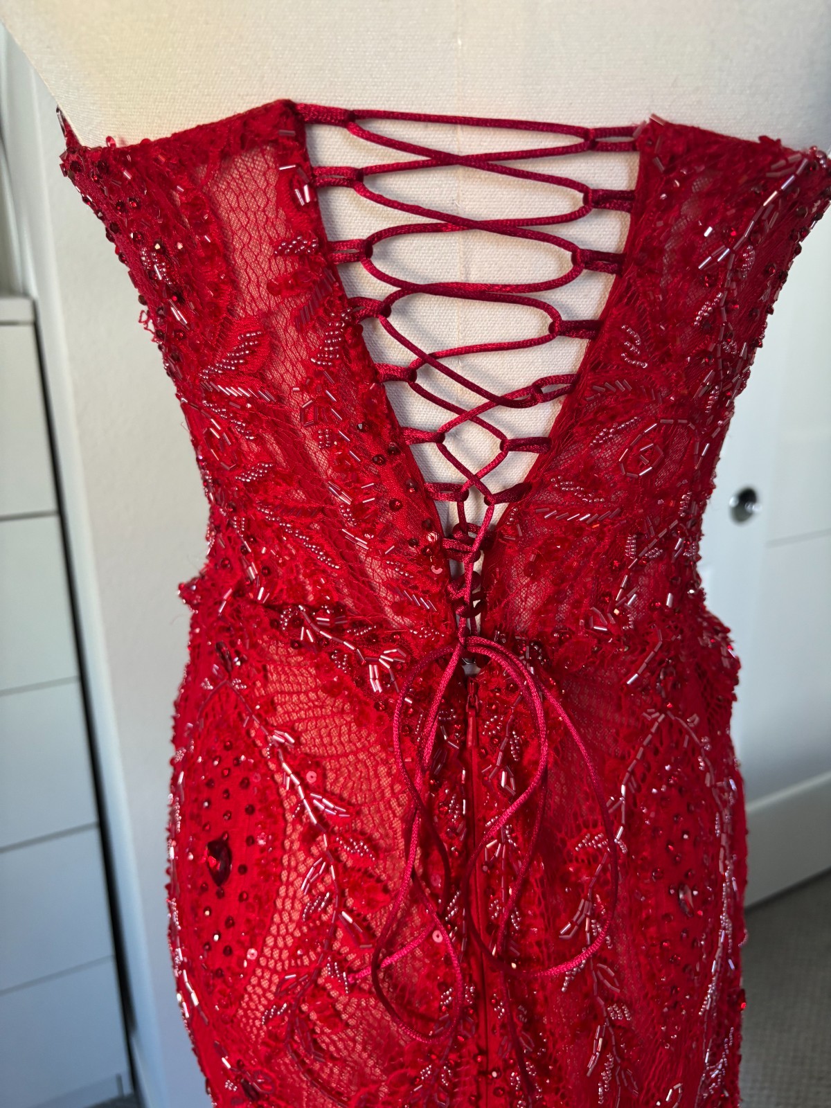 H A N A Custom Made High End Red Sequin Strapless Corset Gown Front Side Slit