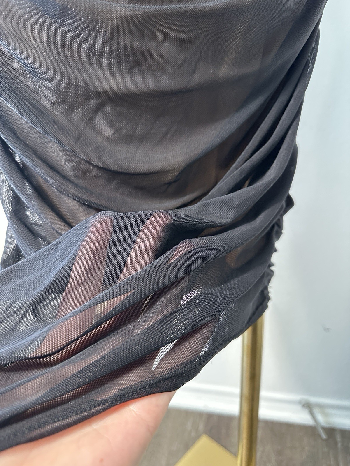 Day & Night Black Ruched Mesh Midi Dress Sheer Bodycon Spaghetti Strap L