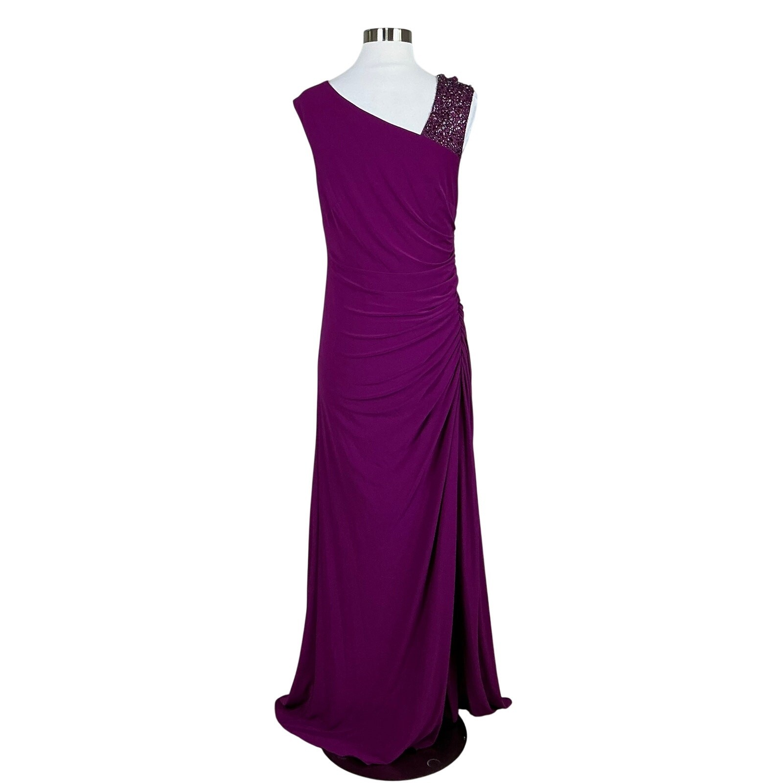 Adrianna Papell Pink Evening Gown Beaded One Shoulder Long Column Dress Size 8
