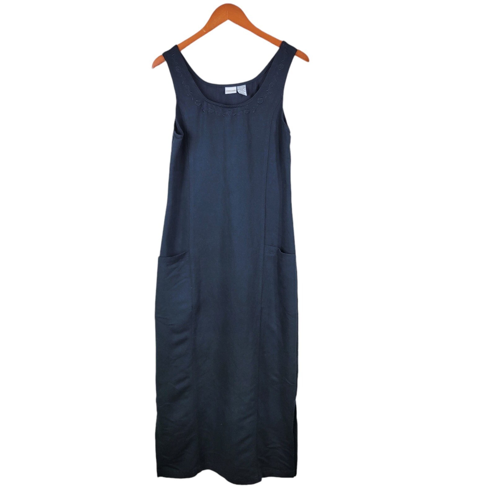 Vintage Embroidered Overall Dress Small Long Maxi Modest floral Black Sheath