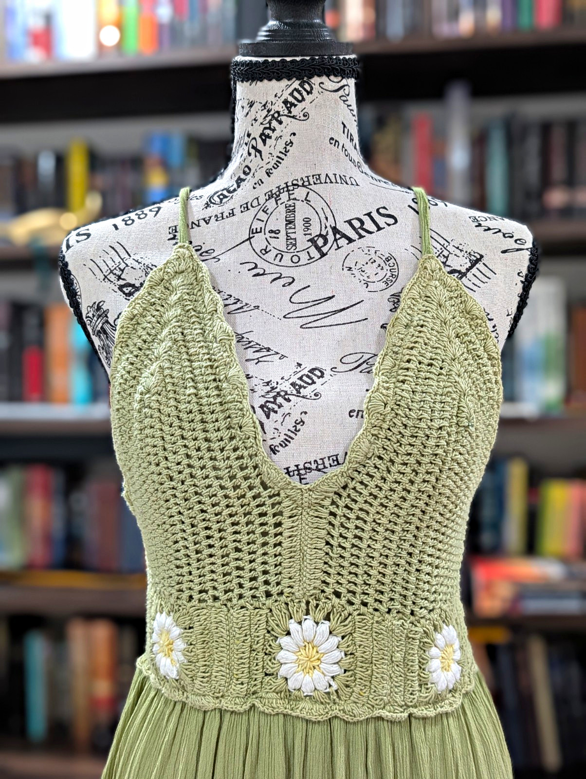 Green Cotton Crochet Bodice Ruffle Tiered V-Neck Sundress Strappy S