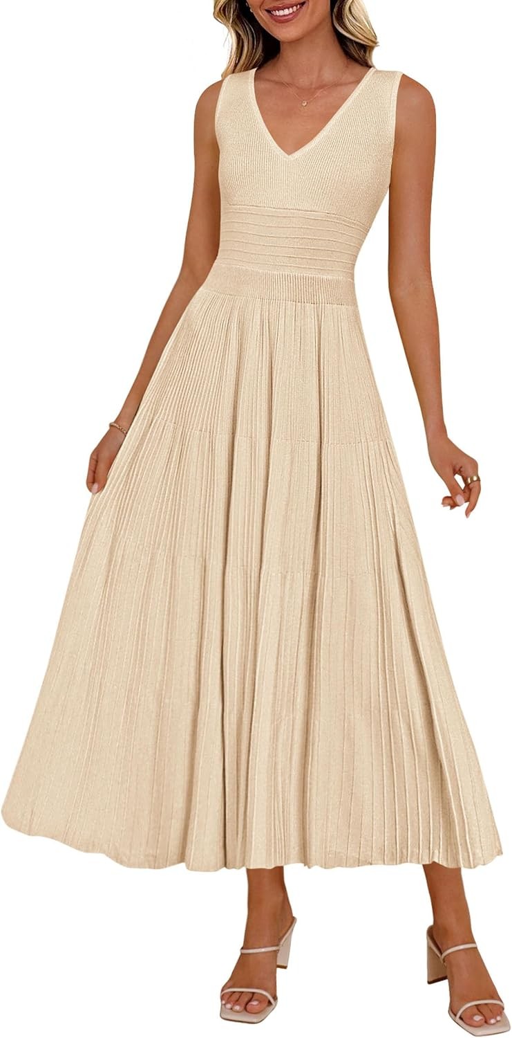 Summer Dresses for Women 2026 Spring Casual Sleeveless V Neck Pleated Midi Work
