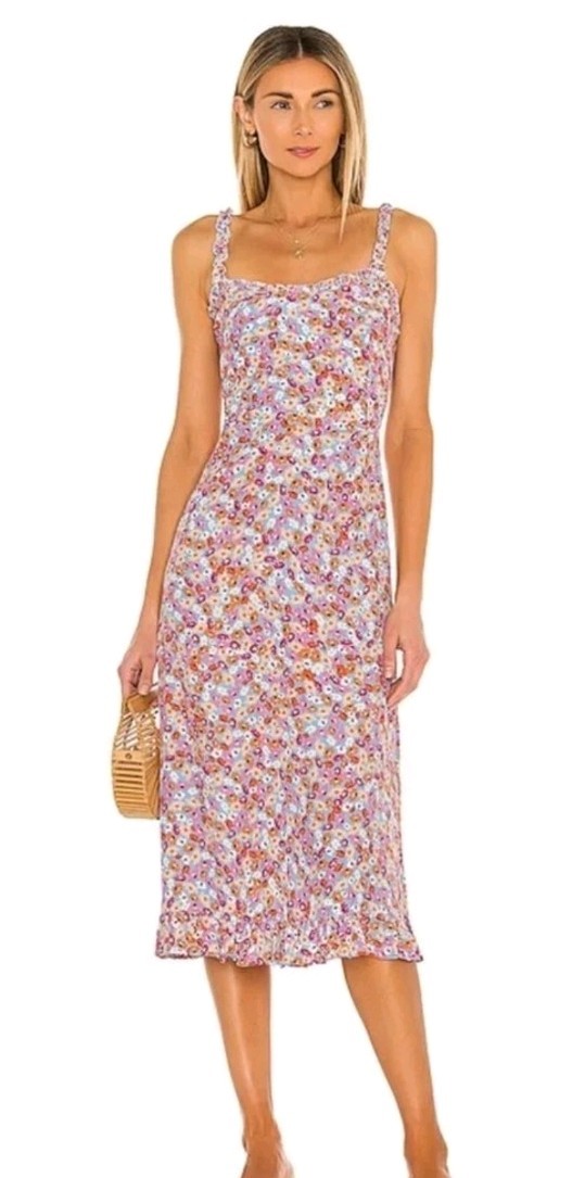 Faithfull The Brand Anthro Noemie strappy Midi Dress Daisy Smocked Ruffled M euc
