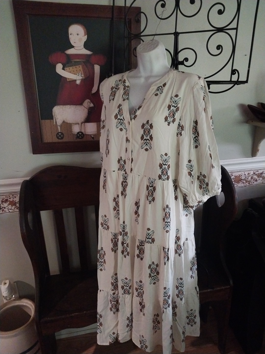HOPE SPRINGS MAXI DRESS L/XL ABALONE SHELL BUTTONS IKAT FLORAL RAYON LINED