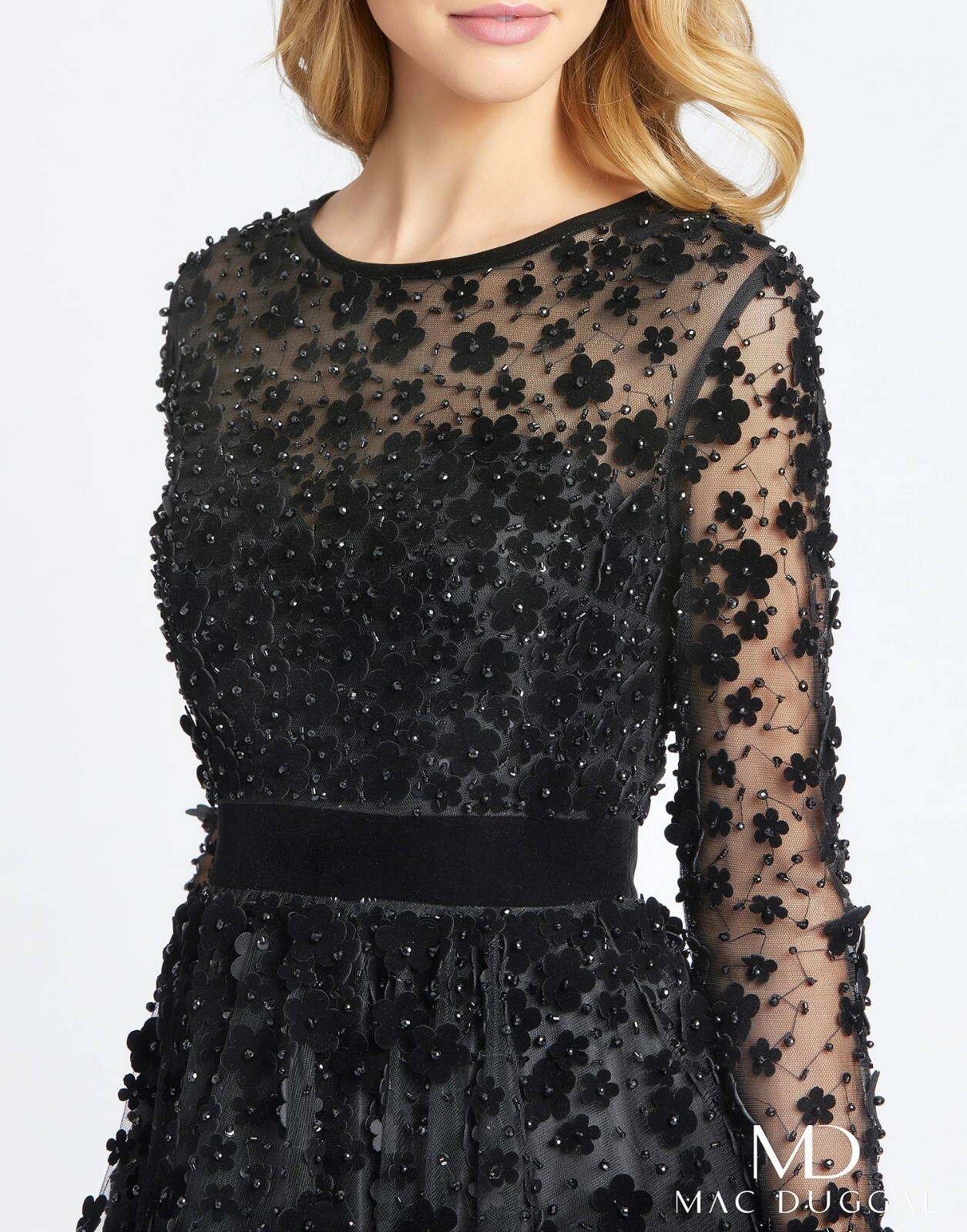 MAC DUGGAL 67007D Black Floral 3D Luxe Velvet Sheer Long Sleeve Tea Dress 10 US