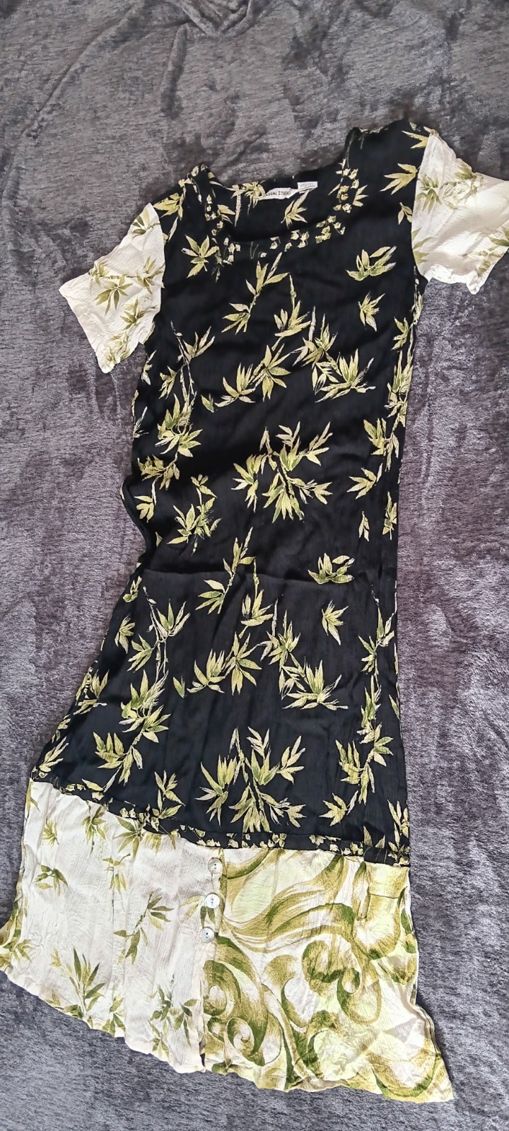 Vintage CASUAL STUDIO Black/GreenFloral Linen Dress Square Neck Short Sleeve M