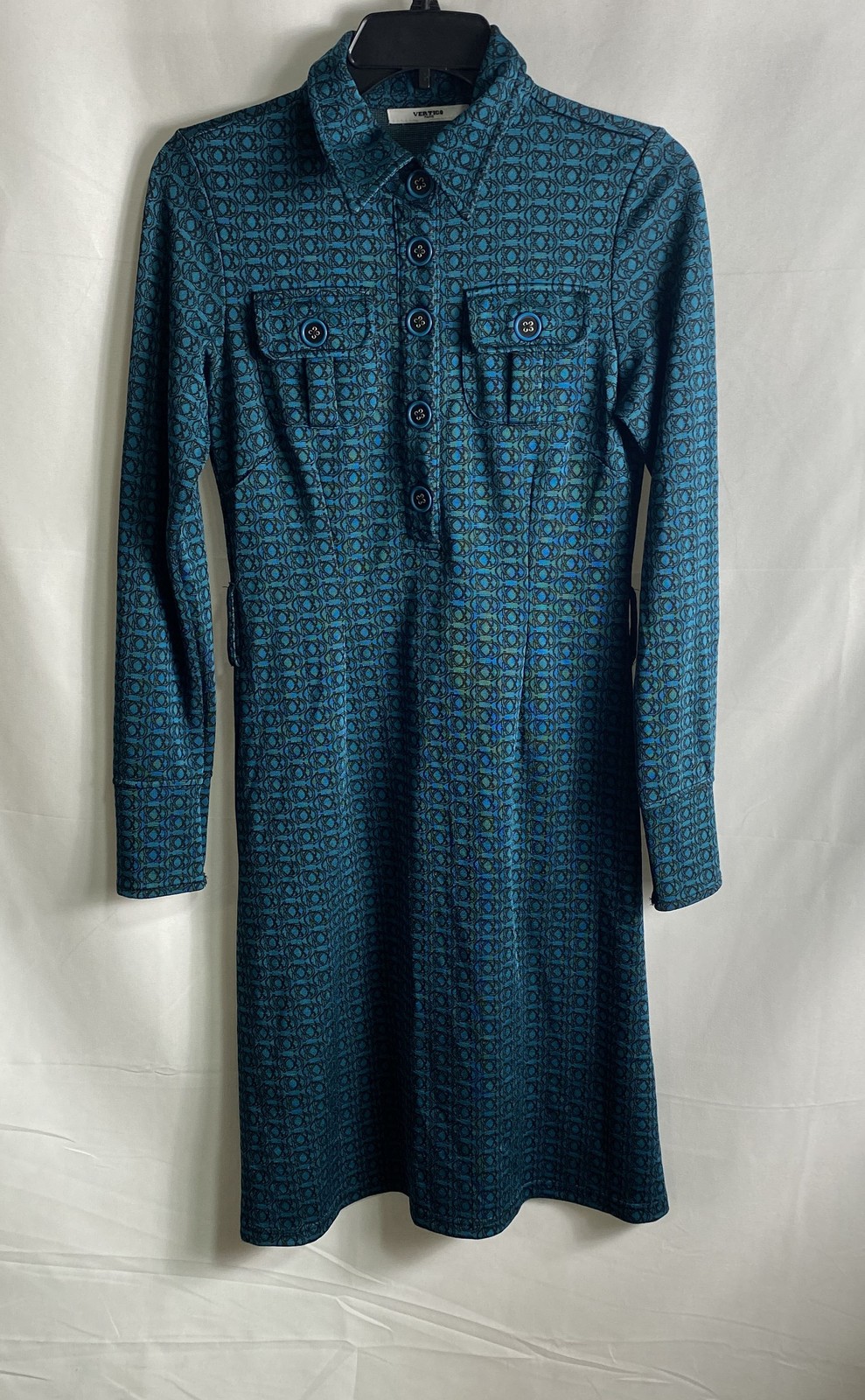 Vertigo Paris Women’s Blue Black Geometric Long Sleeve Button Dress Size M