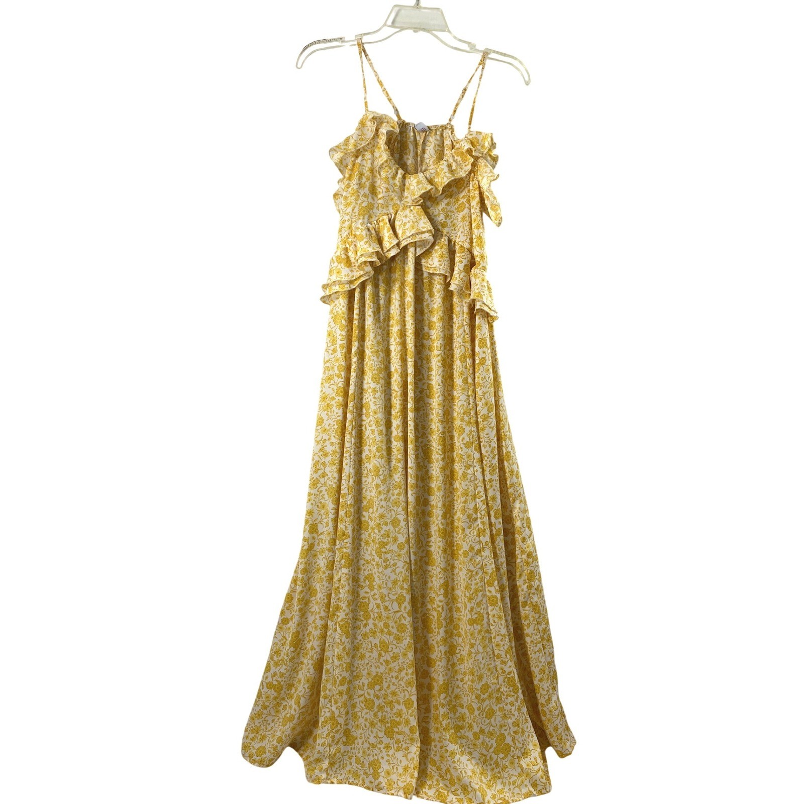 Women Maxi Dress Size XS Yellow White Floral Ruffle Flowy Summer Resort Vacation