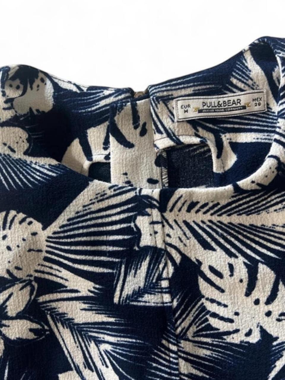 PULL & BEAR TROPICAL PALMS HALTER DRESS NAVY BLUE RESORT WEAR MEDIUM DRESS