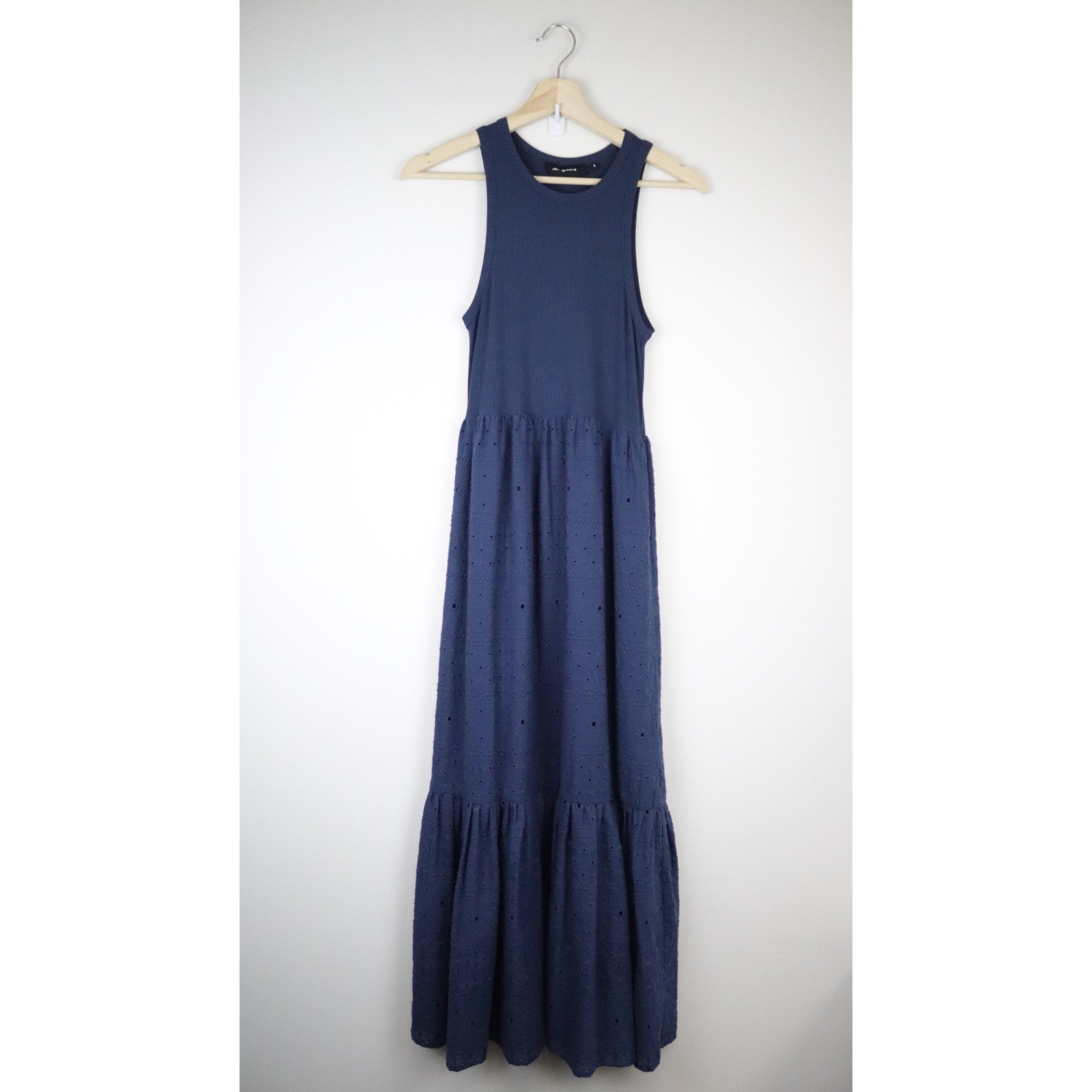 Desigual Long Embroidered Combination Dress Small Navy Blue Maxi Eyelet
