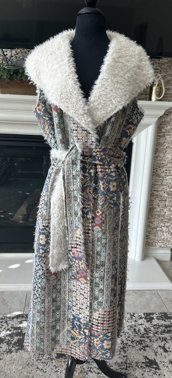 New Paparazzi Johnny Style Colorful Patchwork Snapfront Shearling Vest Coat S