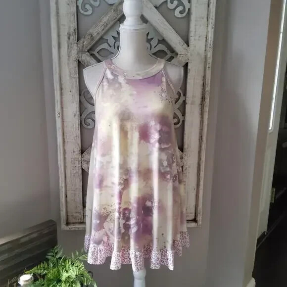 Soft French Terry Ruffle Hem Halter Tank Dress Size S M L Tie Dye Leopard US