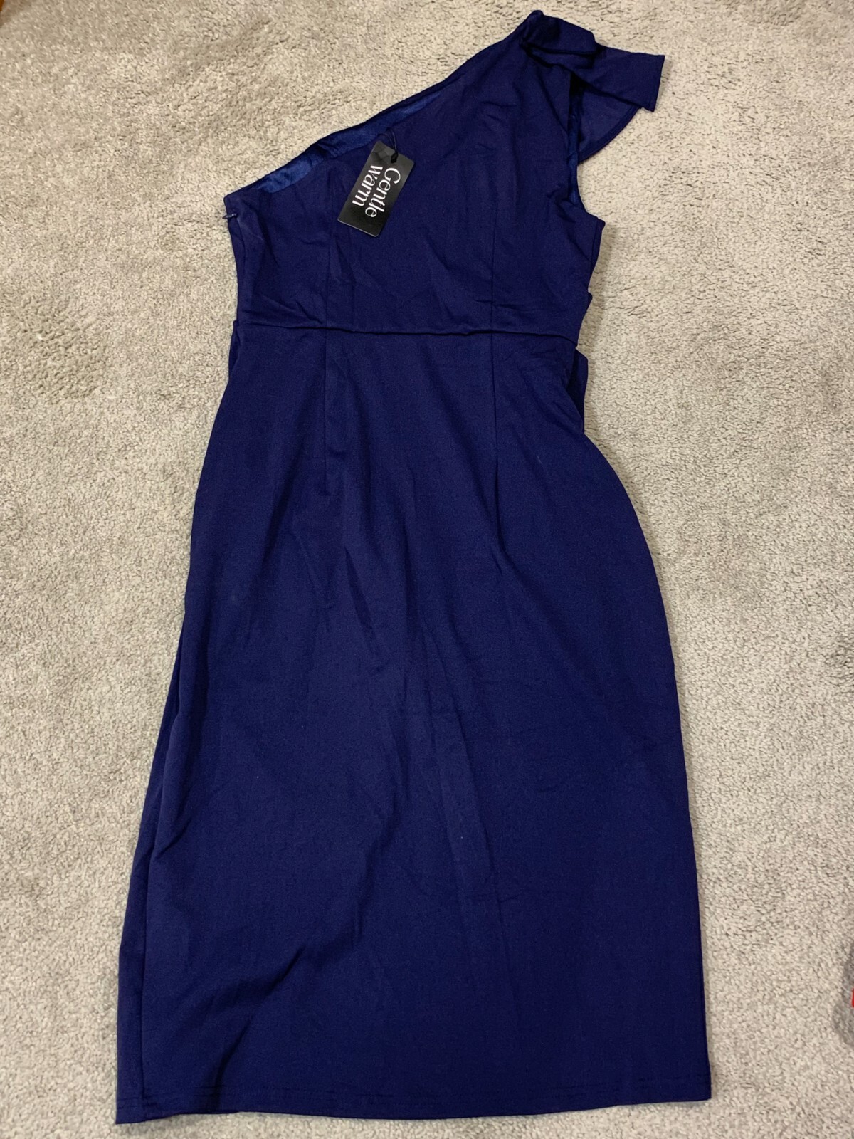 Gentle Warm Navy Dress Womens Size Large One Shoulder Front Slit Stretch Classic
