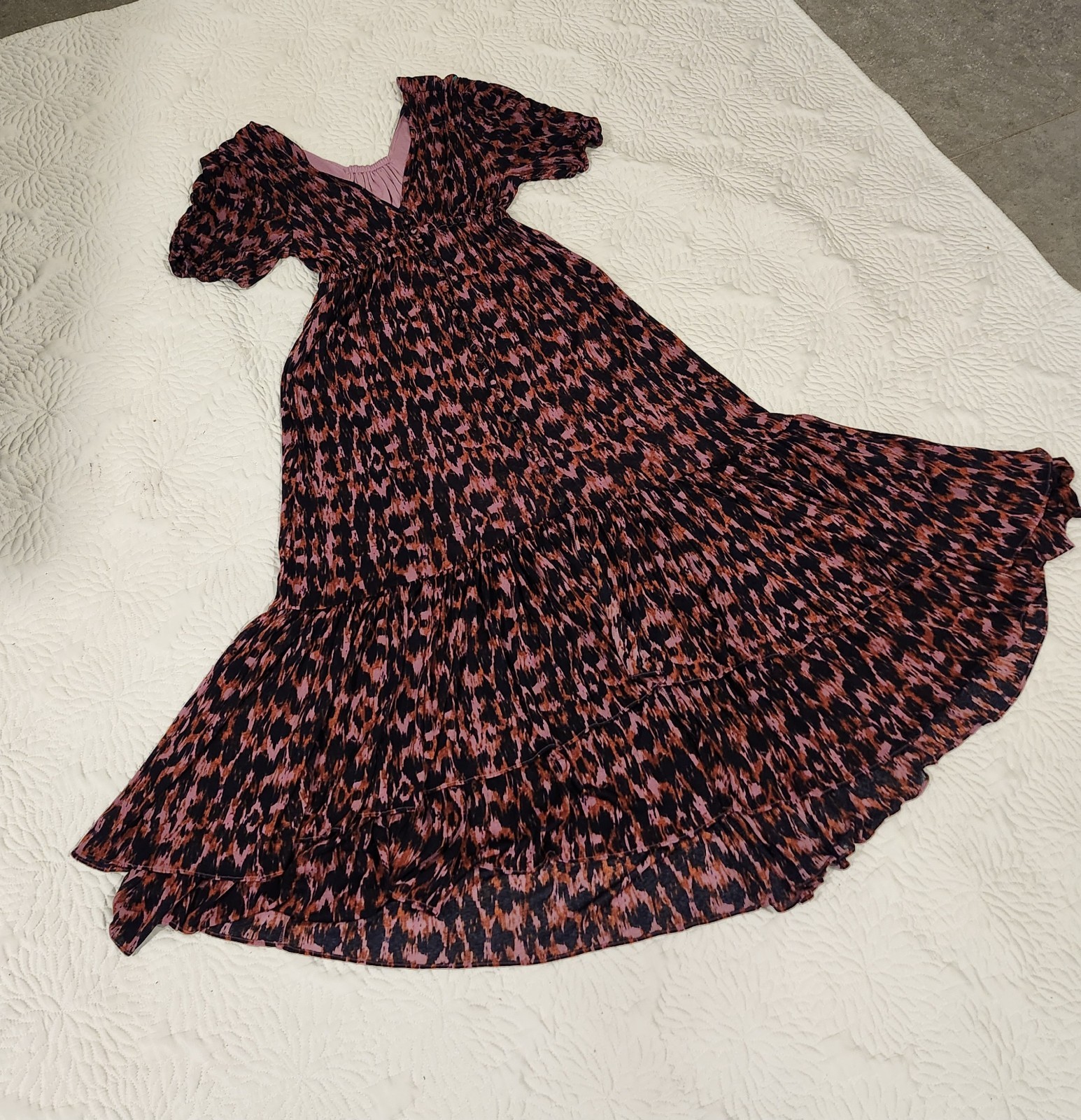 Anthropologie Purple Printed Ruched-Sleeve Mesh Lined Maxi Dress Petites Sz S