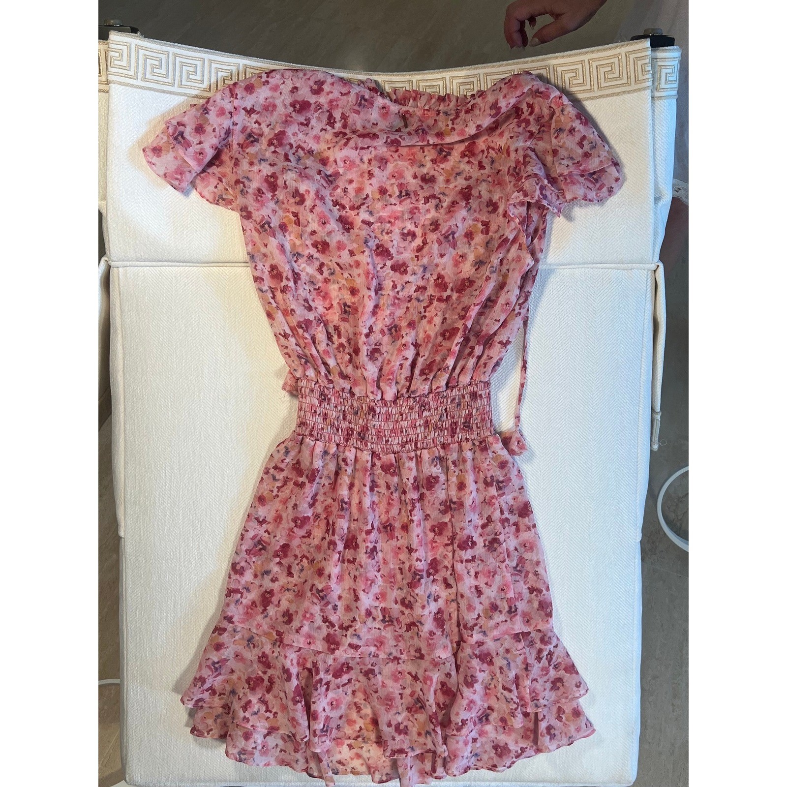 MISA Los Angeles Pink Floral Chiffon Smocked Mini Dress Ruffle Flutter Sleeve XS
