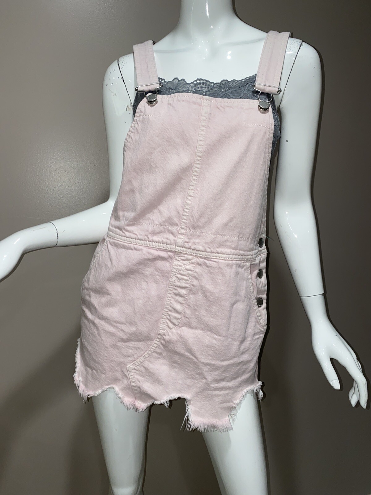 Free People Denim Baby Pink Overall Dress Size 2 Ripped Torn Weathered ~ EUC