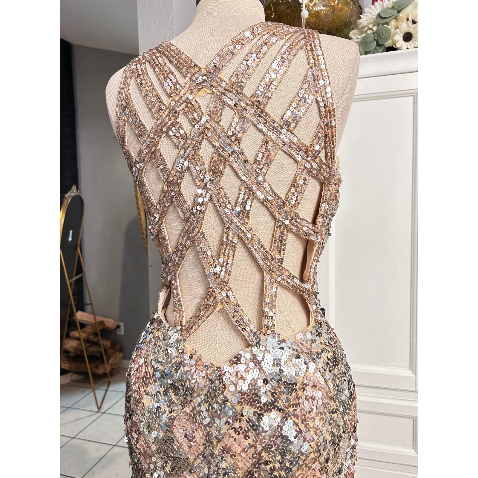Gold Silver Sequin Formal Gown High Slit Maxi Dress MEDIUM Holiday Prom Party