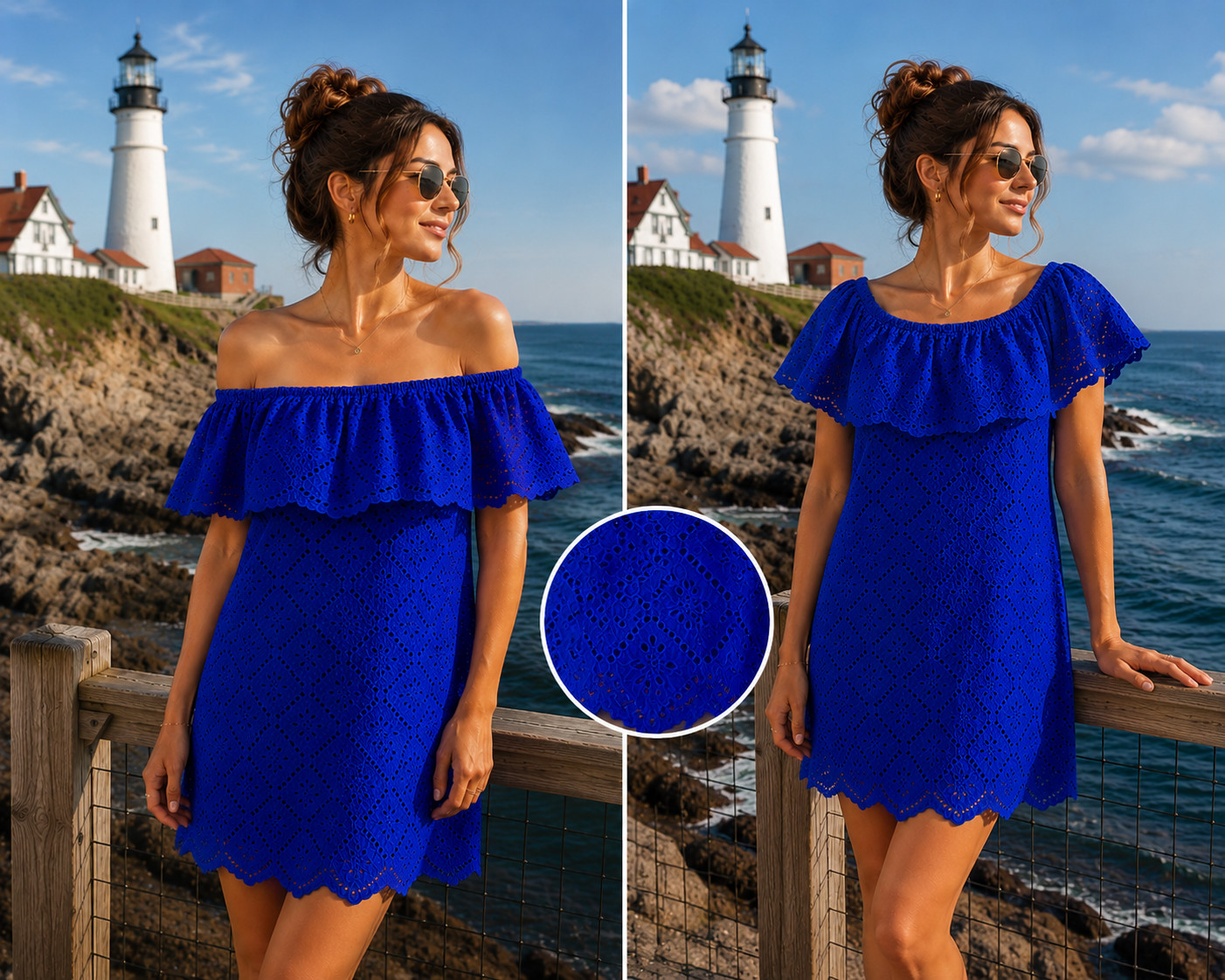 Kensie Royal Blue Eyelet Cotton Mini Dress | On/Off Shoulder | Size M