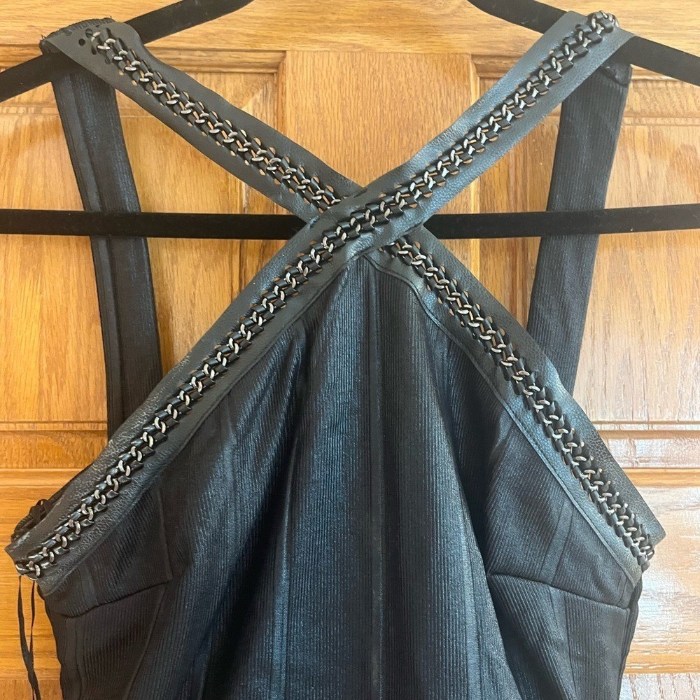 Topshop Ribbed Black Vegan Leather Gun Metal Chain Straps Bodycon Baddie